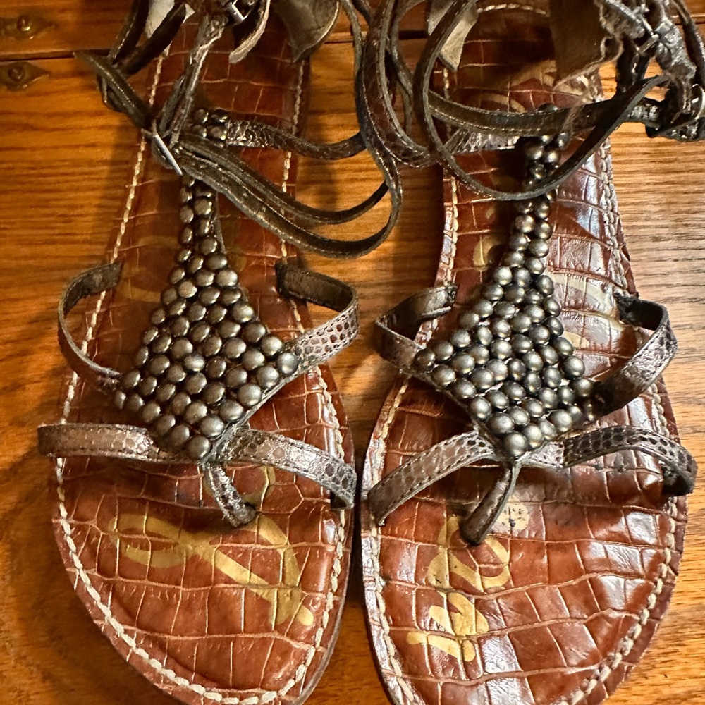 Metallic grey & beaded Gladiator Flat Sandals ~ Sam Edelman Sandals